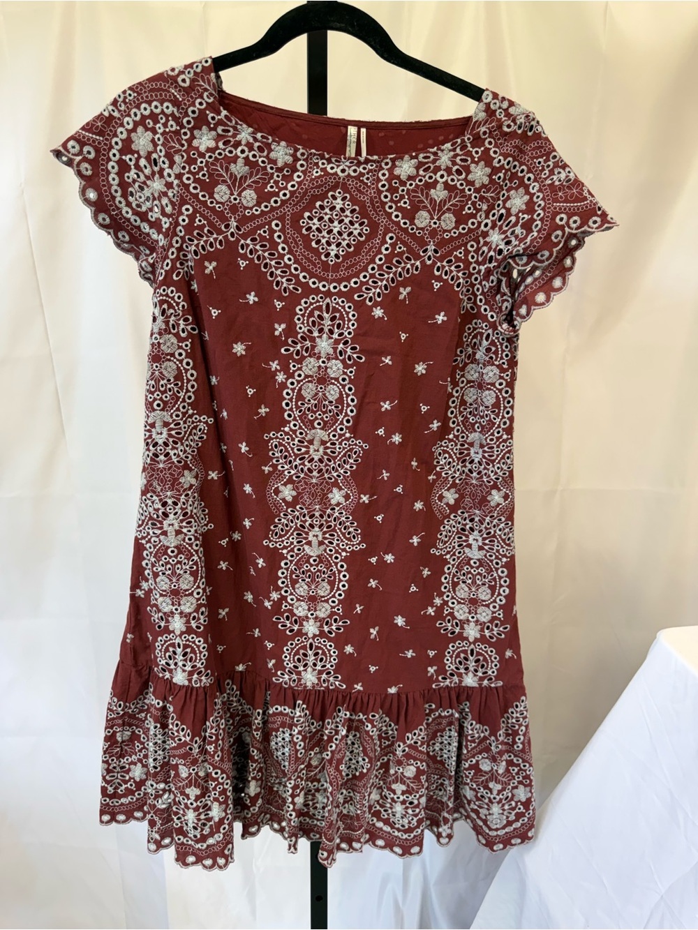 Anthropologie Feather Bone XS Women’s Dress cap sleeve eyelet brown and blue
